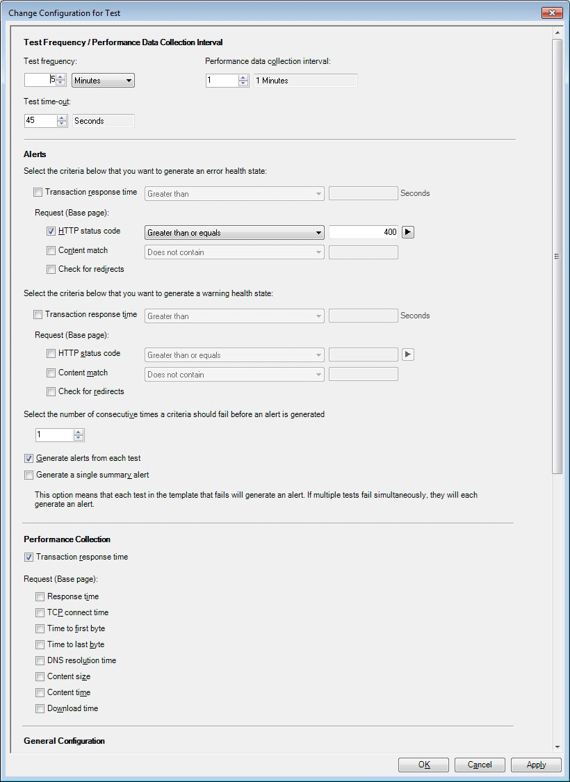 Página Cambiar configuración de prueba (superior)