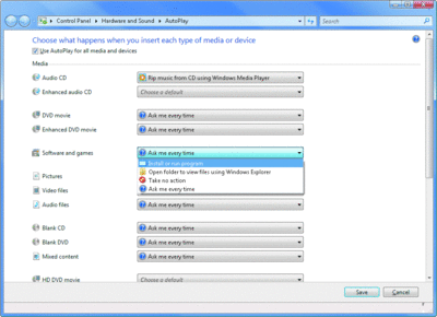 Figura 2 Configuración de Reproducción automática en Windows Vista