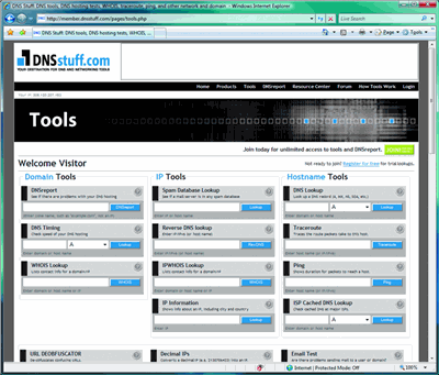 DNSstuff.com ofrece un conjunto completo de herramientas de supervisión muy útiles 