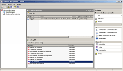Figura 2 Controles de la Consola de administración de Exchange para el agente de Id. de remitente en Exchange Server 2007