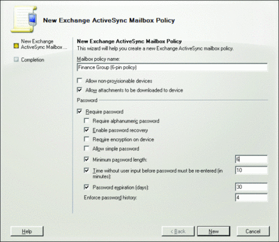 Figura 2 Directivas de buzón de ActiveSync de Exchange Server 2007