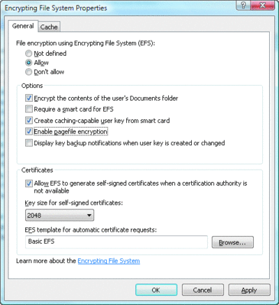Figura 3 Propiedades de EFS en Windows Vista
