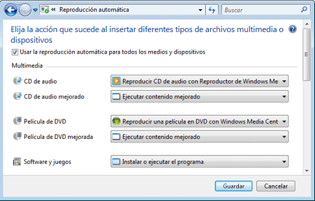 Windows Vista trata la configuración de reproducción automática de manera global. 