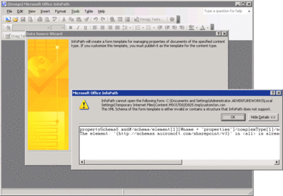 Figura 6 Incompatibilidades de esquema XSD en InfoPath 2007