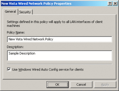 Figura 1 Ficha General predeterminada de una directiva de red cableada de Windows Vista
