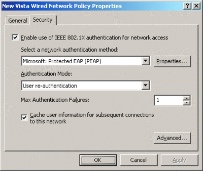 Figura 2 Ficha Seguridad predeterminada de una directiva de red cableada de Windows Vista