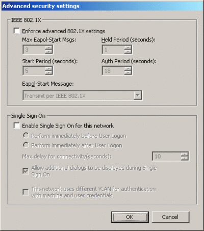 Figura 3 Cuadro de diálogo Configuración de seguridad avanzada predeterminado de una directiva de red cableada de Windows Vista
