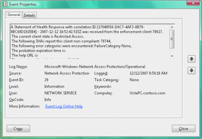 Figura 1 Ejemplo de un evento de cliente NAP de Windows Vista
