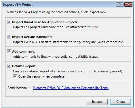 La ventana de diálogo del Inspector de compatibilidad de código de Office 2010 ofrece cuatro opciones para elegir cuando se le pregunta si desea inspeccionar código VBA para Word, Excel o PowerPoint