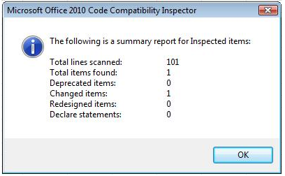 La ventana de resumen del Inspector de compatibilidad de código de Microsoft Office 2010
