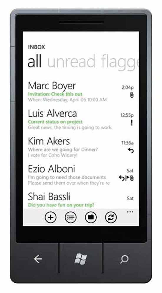 Figura 2 La bandeja de entrada de Outlook Mobile en Windows Phone 7