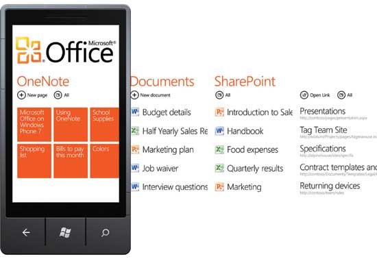 Figura 3 El concentrador Office en Windows Phone 7