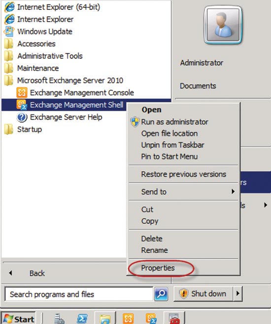Opening the property page for the Exchange Management Shell shortcut