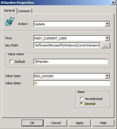 Captura de pantalla de la configuración del Registro en la ventana de propiedades de IEHarden.