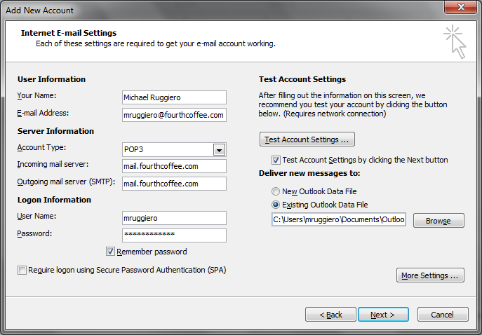 Seleccione la opción Archivo de datos de Outlook existente en Entregar nuevos mensajes a.