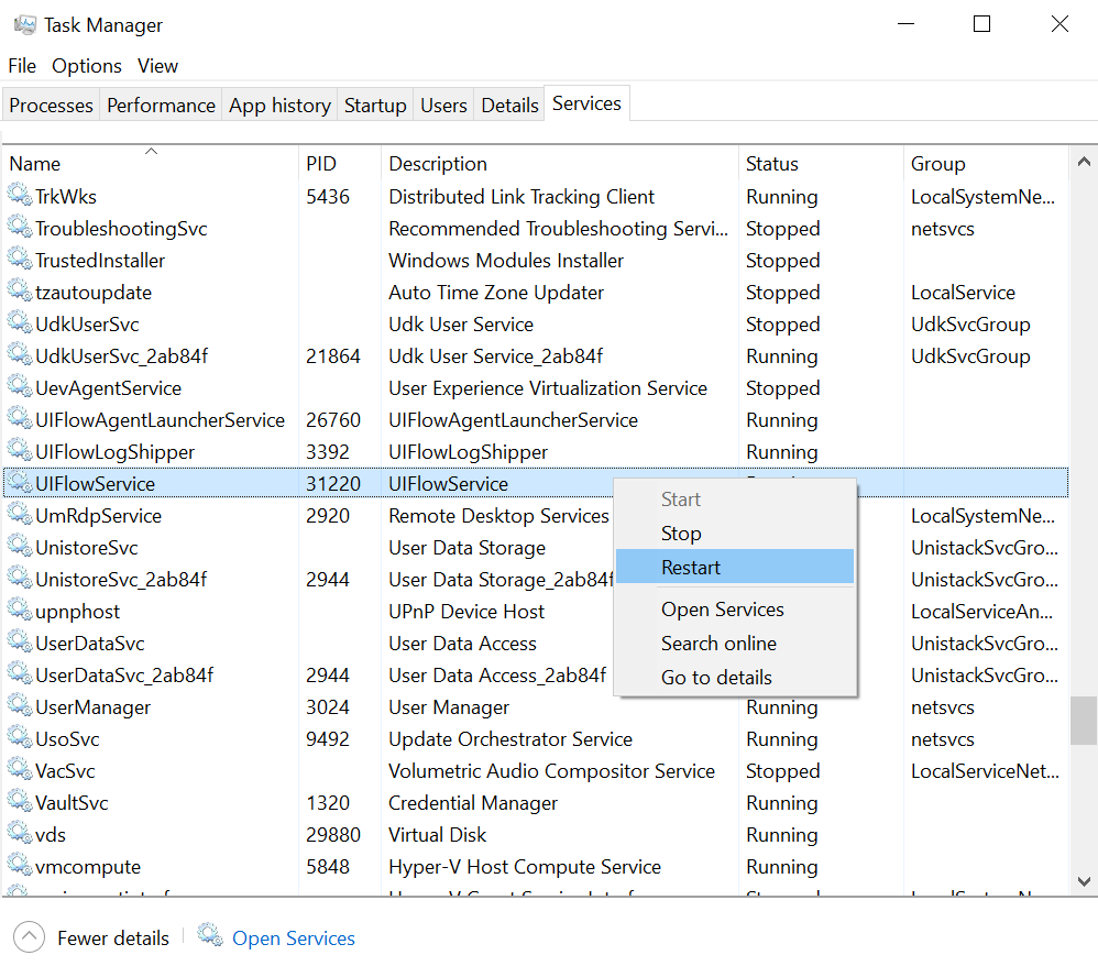 Captura de pantalla para reiniciar el servicio de flujo de I+S en el administrador de tareas.