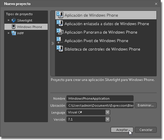 Cuadro de diálogo Crear nuevo proyecto de Windows Phone