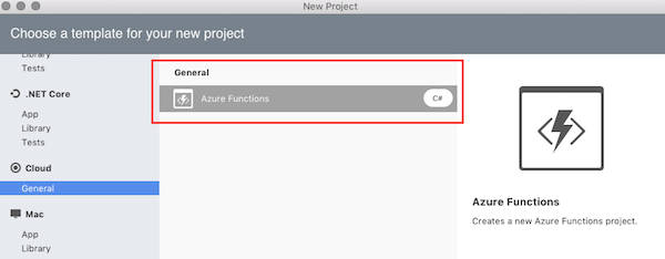 Azure Functions template selection