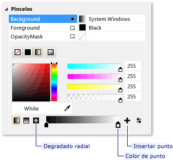 editor de pinceles con opciones de degradado