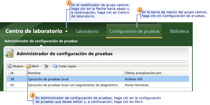 Editar una configuración de pruebas existente