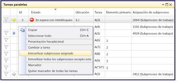 expandido de menú contextual de la ventana Tareas paralelas