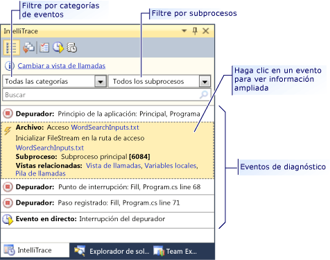 Ventana Historial de depuración mostrando eventos de diagnóstico