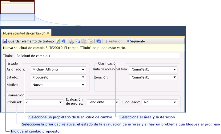 Formulario de elemento de trabajo Solicitud de cambio