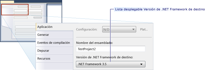 Lista desplegable Versión de .NET Framework de destino