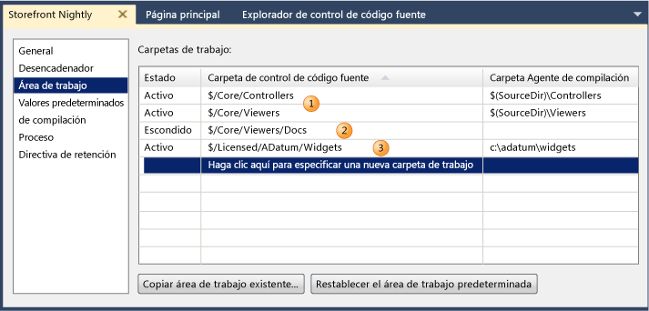 Ejemplo de área de trabajo de definición de compilación