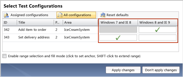 Seleccionar configuraciones de prueba para un caso de prueba