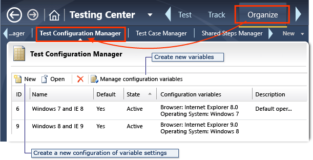 Administrar configuraciones de prueba en un plan de pruebas