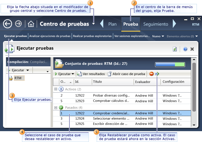 Restablecer una prueba (resultados guardados)