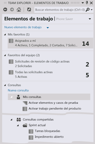 Consultas de elementos de trabajo y Favoritos en Team Explorer