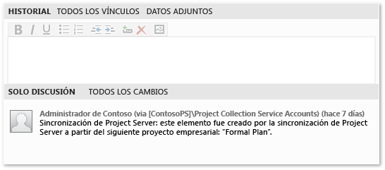 Historial y mensaje de sincronización de Project Server