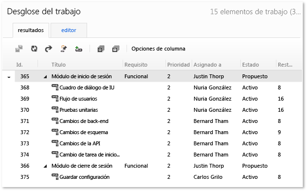 Programación del desglose de trabajo en Team Explorer