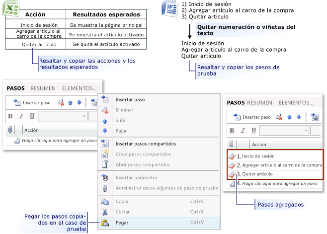 Agregar pasos de prueba de Microsoft Excel o Word