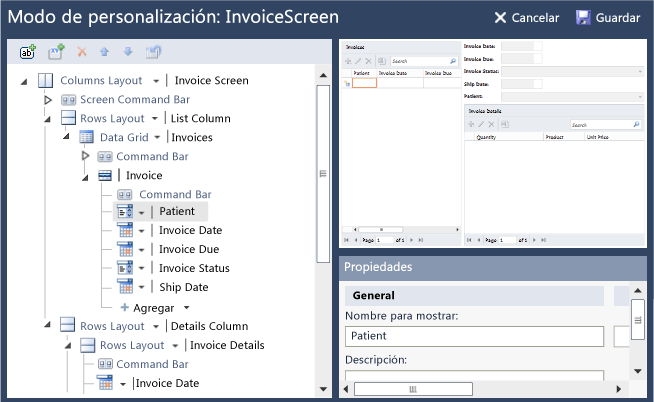 La pantalla personalizada de Invoice