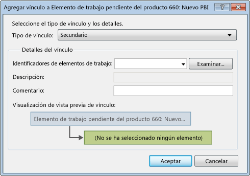 Captura de pantalla que muestra el cuadro de diálogo para agregar vínculos a elementos de trabajo existentes