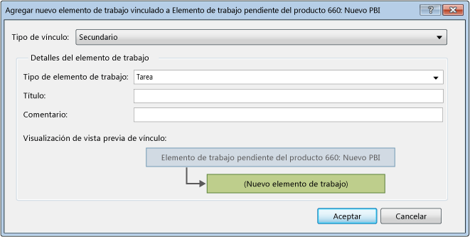 Captura de pantalla que muestra el cuadro de diálogo para agregar nuevo elemento de trabajo vinculado