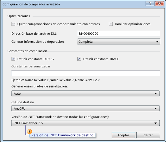 Lista desplegable Versión de .NET Framework de destino