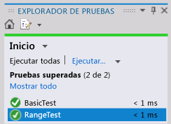 Explorador de pruebas unitarias: prueba de intervalo superada