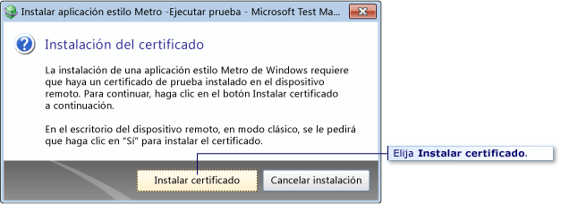 Cuadro de diálogo Certificado de prueba