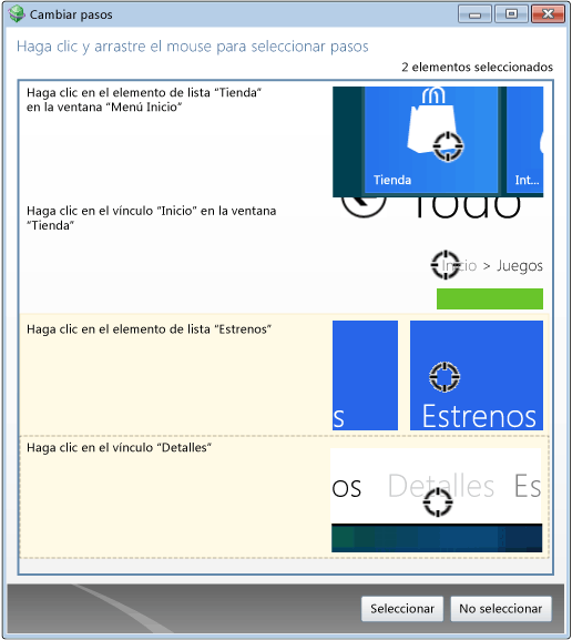 Seleccionar los pasos que se van a incluir en el error