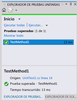 Explorador de pruebas unitarias: prueba completada