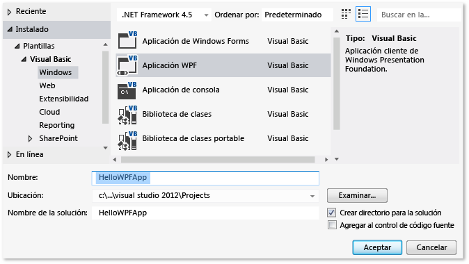 Crear un proyecto de WPF de Visual Basic, HelloWPFApp