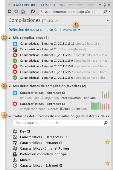 Página de compilaciones de Team Explorer