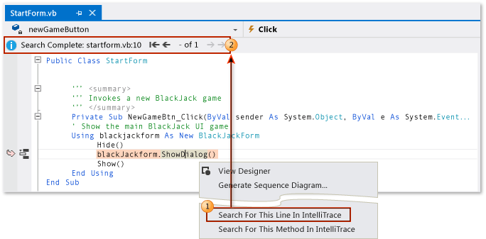 Find call instance during IntelliTrace debugging