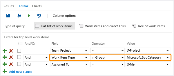 Query clause to find work items by category