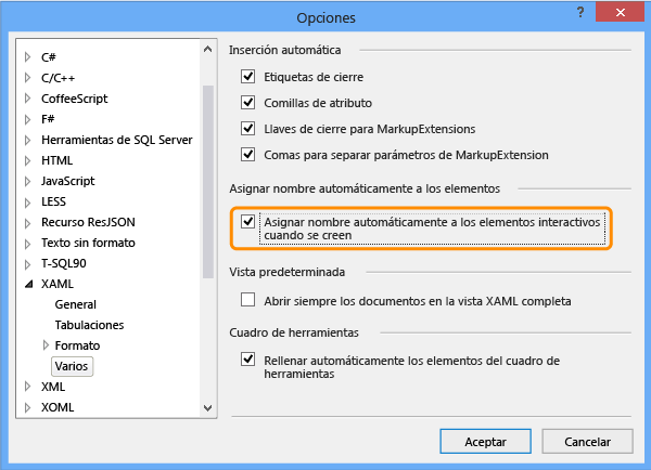 Opciones de Varios para XAML