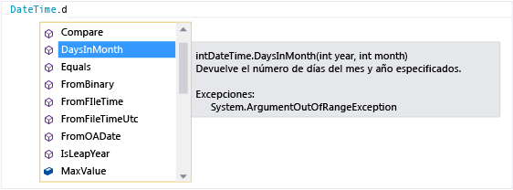 IntelliSense para DateTime.DaysInMonth